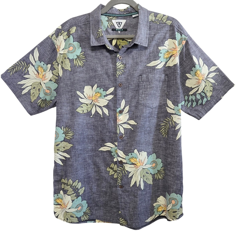 Vissla Mens XL Short Sleeve Button Down Shirt Gray Tropical Floral Surf Casual